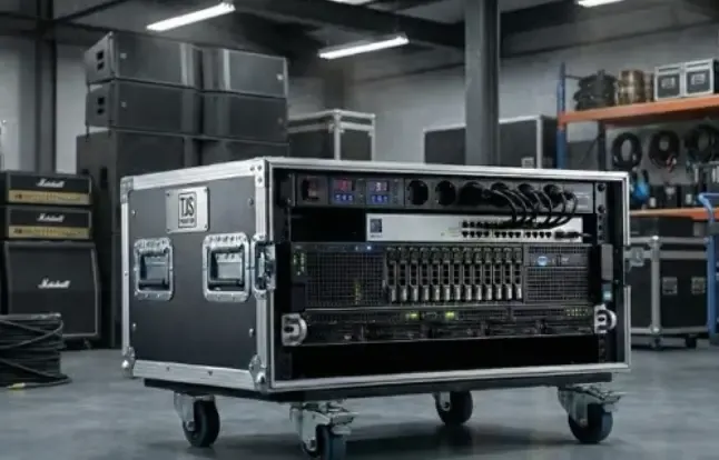 Rack case custom berisi power amplifier dengan rangka aluminium dan roda